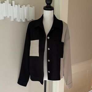 New Timing Women's S Black Tan Waffle Asymmetrical Colorblock Shirt Jacket